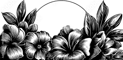 Black and white hibiscus floral arrangement in a circular design for decorative use