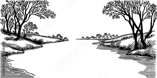 Black and white river bend landscape sketch for retro design