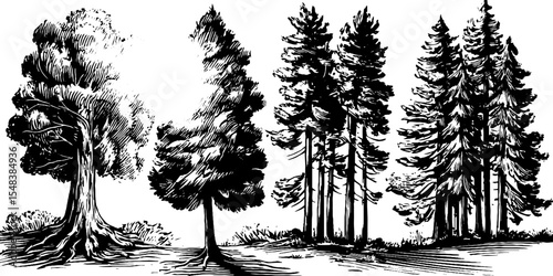 Hand drawn black and white forest trees with reinforced fibreglass mat design