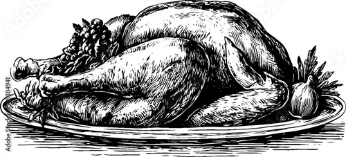 Roast turkey on platter in vintage black and white hand drawn style