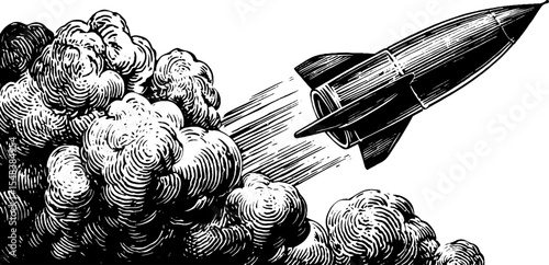 Vintage rocket with plume tail in black and white engraving for design