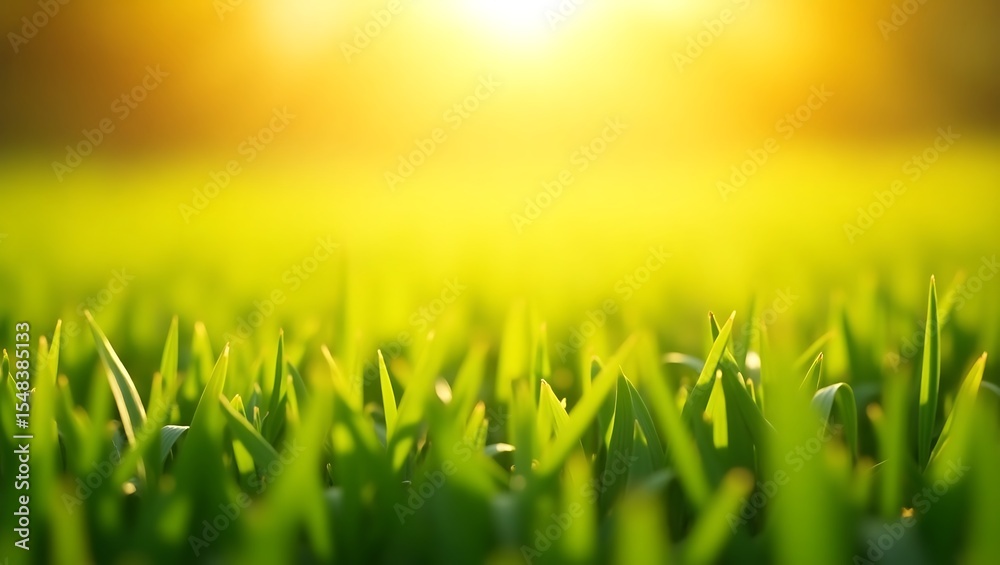 Fototapeta premium Vibrant green grass blades illuminated by warm golden sunlight in a soft focus background