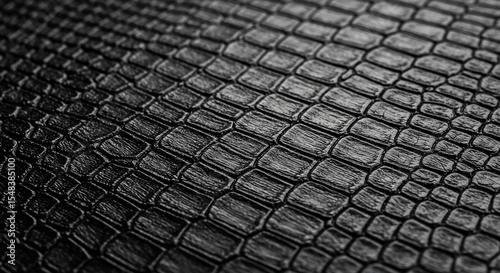 Close up shot showcasing a black reptile skin texture with a repeating pattern and dark tones