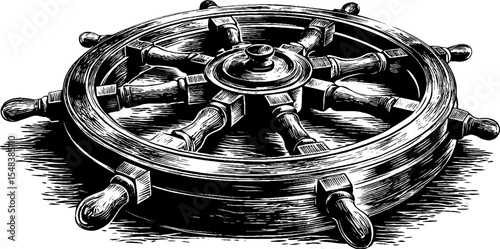 Vintage ship helm wheel with eight spokes for nautical design and decor