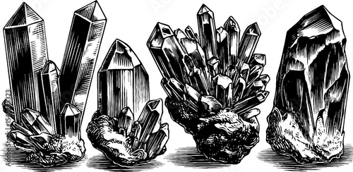 Sparkling quartz crystal cluster engraving for retro art and design