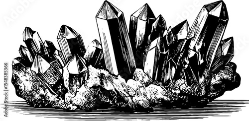 Sparkling quartz crystal cluster sketch for design and decoration