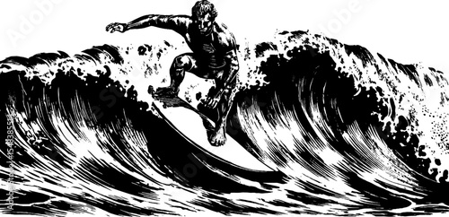 Surfer riding wave crest in vintage black and white design for adventure posters