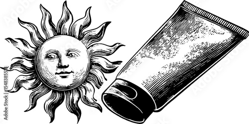 Vintage sunscreen tube with stylized sun icon for summer design