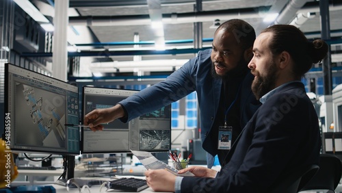 Team of diverse engineers partners evaluating solar performance in high tech industrial factory, focusing on sustainable energy development. Alternative power for modern operations. Camera A.