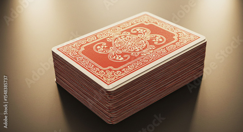A close up shot of a deck of playing cards with a red and white design on a dark surface table top view
