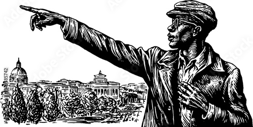 Vintage tour guide pointing at city landmark illustration for travel design