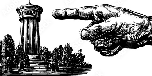 Tour guide hand pointing at city landmark tower in vintage engraved style for travel design