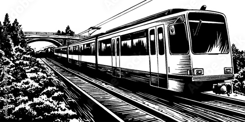 Vintage tram car and overhead wire scene for retro design