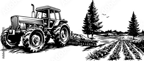Vintage tractor with plow attachment engraving for agricultural design