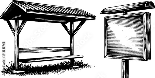 Vintage tram stop shelter and timetable board design for urban planning concepts