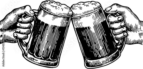 Cheerful friends clinking beer mugs for celebration and social gathering