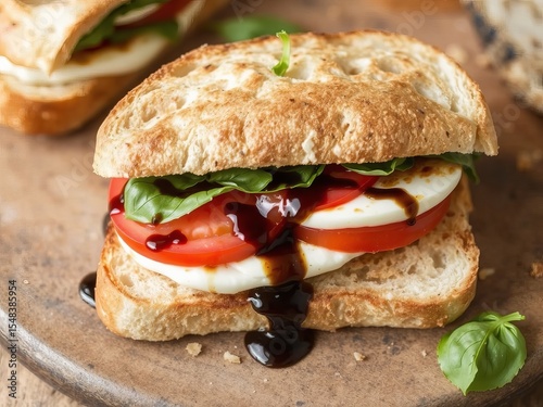 Close up of caprese sandwich with tomato mozzarella basil and balsamic glaze on rustic bread slices