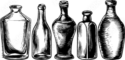 Vintage vodka bottle collection with frosted glass effect for retro designs