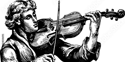 Vintage violinist mid bow stroke silhouette for music art and design