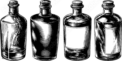 Vintage vodka bottle silhouettes with minimalist labels for retro design projects