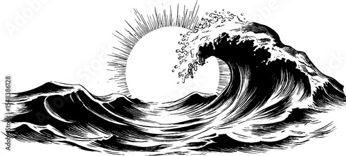 Stylized water wave and curl design featuring sunburst for artistic decoration