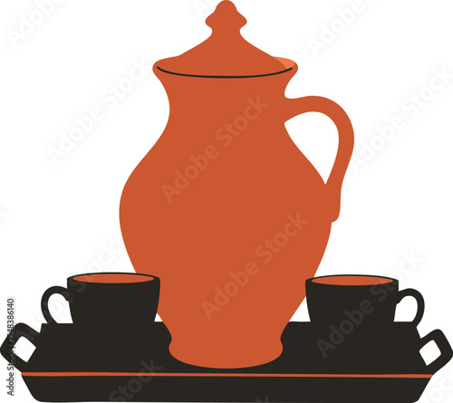 Traditional clay coffee pot with two cups on tray vector illustration in brown and black colors for beverage serving design 