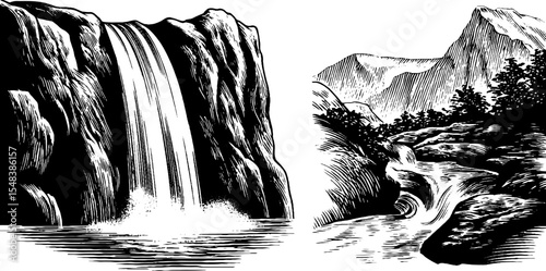 Captivating waterfall cascades and misty plumes in scenic mountain landscape