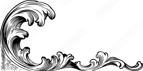 Vintage black and white wave crest corner swirl design for posters or cards