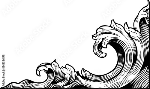 Vintage wave crest corner swirl design in black and white for decorative use