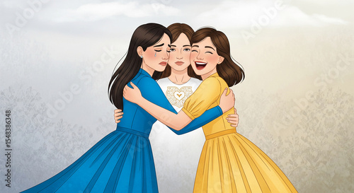 Three women embrace, one crying, one sad, one laughing, showcasing diverse emotions and female support