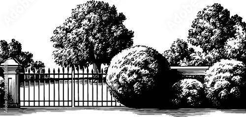 Vintage wrought iron garden gate with trimmed boxwood trees design for outdoor decor