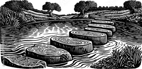 Vintage stepping stone path across shallow water in nature