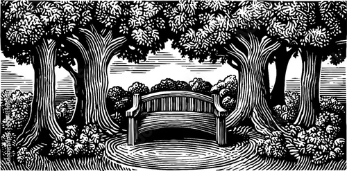 Serene circle bench under elms in vintage black and white design
