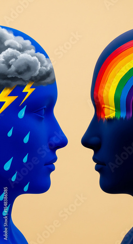 Two blue profiles face each other, one with storm clouds and rain, the other with a rainbow, symbolizing contrasting moods or perspectives, ideal for mental health or emotional concepts