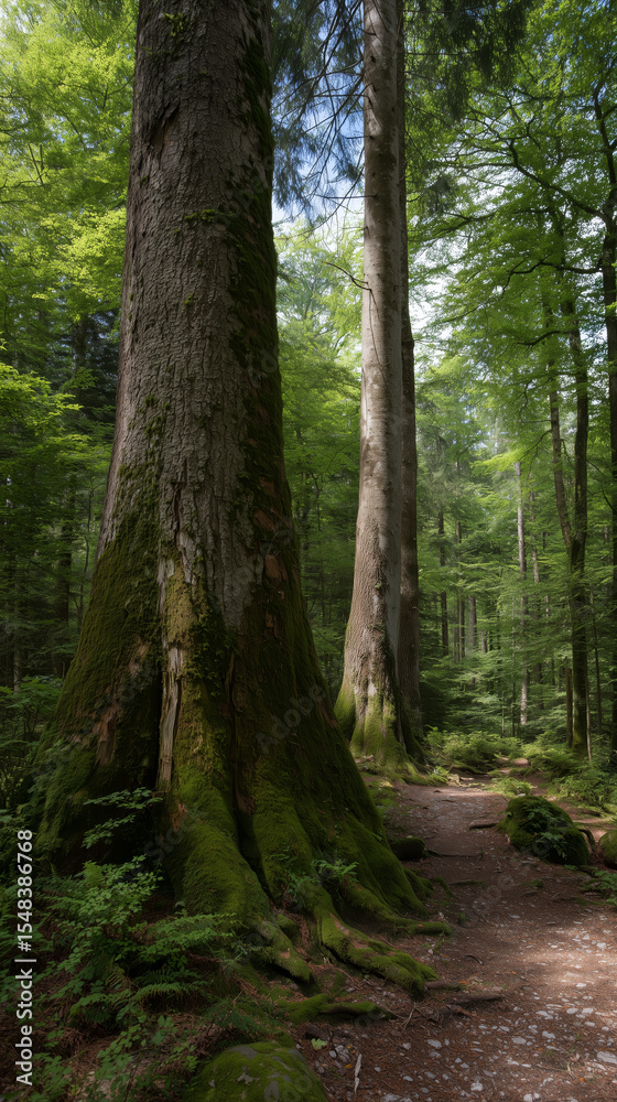 Naklejka premium A hiking path leading past giant ancient trees in a peaceful green forest