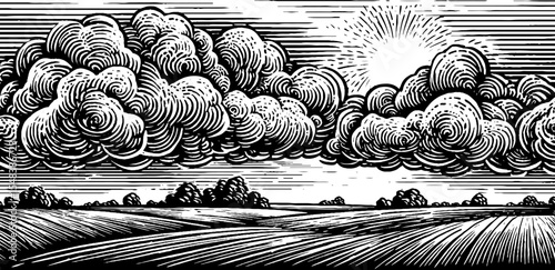 Thunderstorm clouds gathering over plain in vintage engraved style art