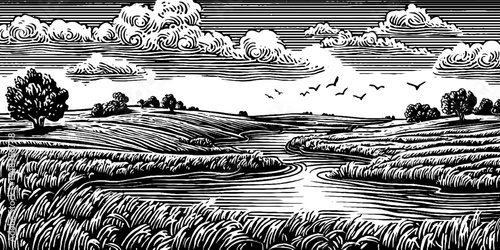 Black and white tidal salt flats rippled by wind - vintage landscape illustration