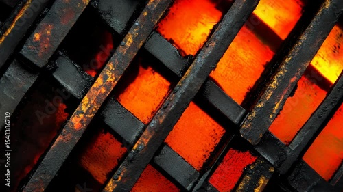 Hot glowing metal bars in a crisscross abstract pattern close-up.