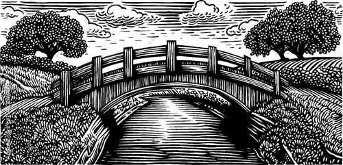 Vintage wooden bridge over irrigation canal sketch in black and white for retro design