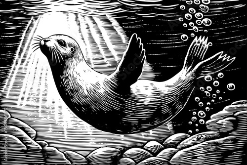 seal diving underwater with bubbles and joyful energy, a black and white sketch vector