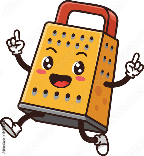 Happy cartoon cheese grater character with smiling face and playful pose vector illustration for cooking fun and kitchen activities 