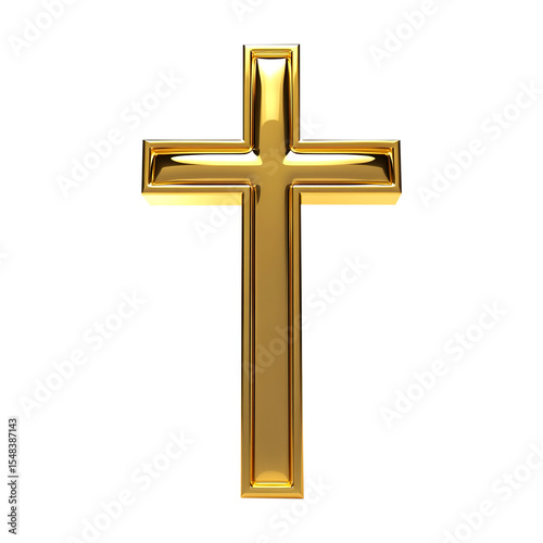 Gleaming golden cross religious symbol against a white background indicating spirituality hope faith and belief