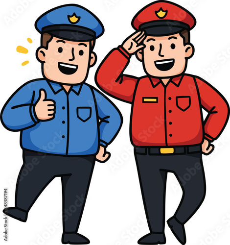 Two cheerful policemen in blue and red uniforms saluting and giving thumbs up vector illustration 