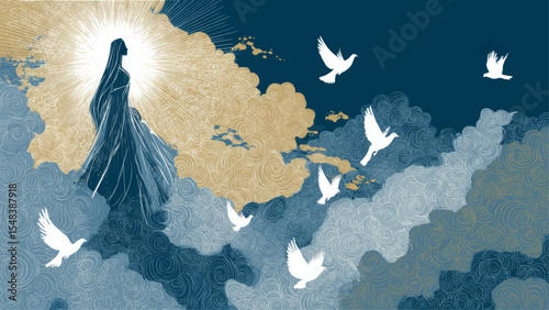 Minimalist vector of Virgin Mary ascending to heaven for Assumption of Mary religious celebration