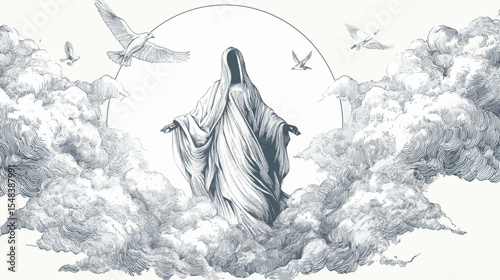Minimalist vector of Virgin Mary ascending to heaven for Assumption of Mary religious celebration
