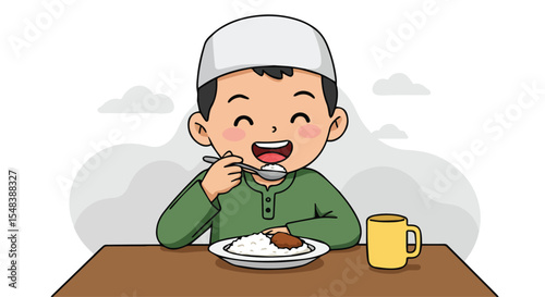 Happy Muslim Boy Eating Meal Islamic Mealtime Vector Illustration