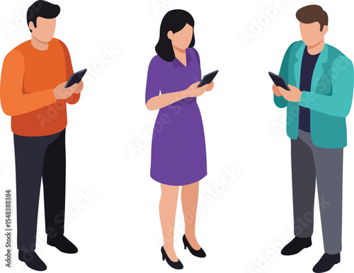 Group of people standing using smartphones in casual outfits communicating and browsing digital devices vector illustration 