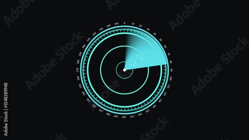 Radar screen animation on black background. Signal transmitted sonar radar. Radar point to detect enemy position. Radar animation cyan color on black ...