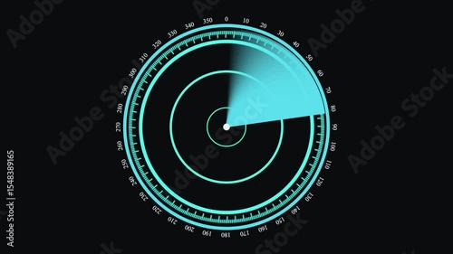 Radar screen animation on black background. Signal transmitted sonar radar. Radar point to detect enemy position. Radar animation cyan color on black ...