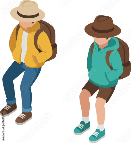 Two Young Travelers Wearing Hats and Backpacks Sitting Relaxed in Casual Clothes Vector Illustration 